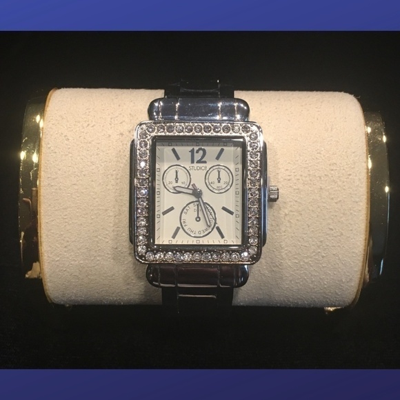 Studio Silvertone “Presidential” Link/Crystal Spring-Hinged CUFF Watch, NWOT - Picture 1 of 5
